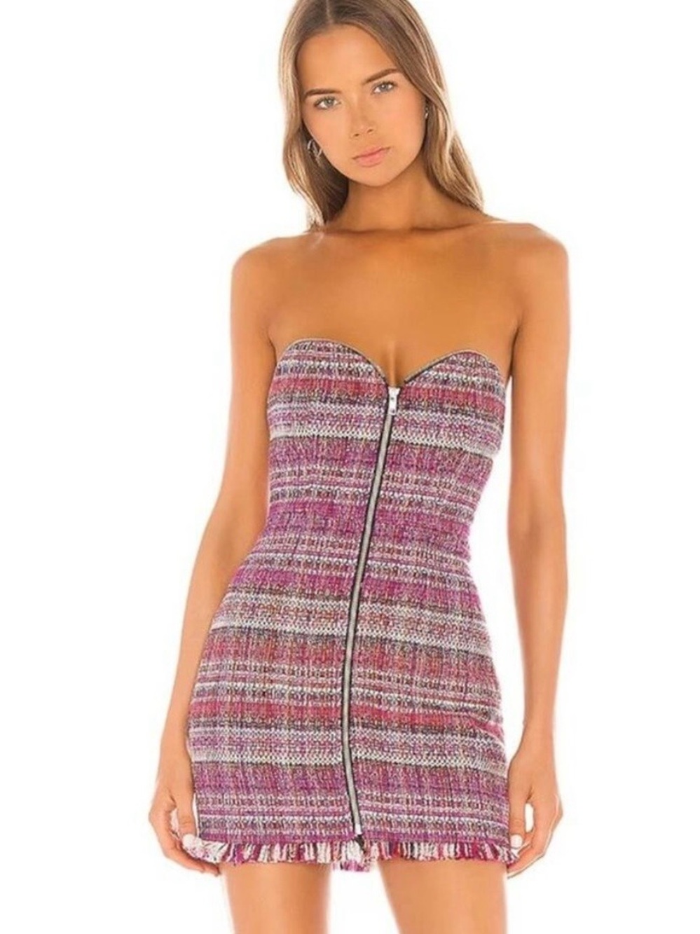 NBD Strapless Pink Tweed Zip-Front Mini Dress